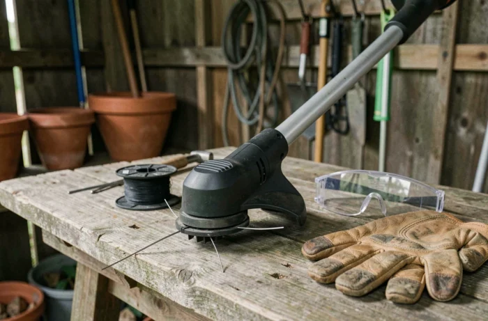 Gros plan sur la tête de coupe et les accessoires d'un taille-bordure sans fil posé sur un établi de jardin
