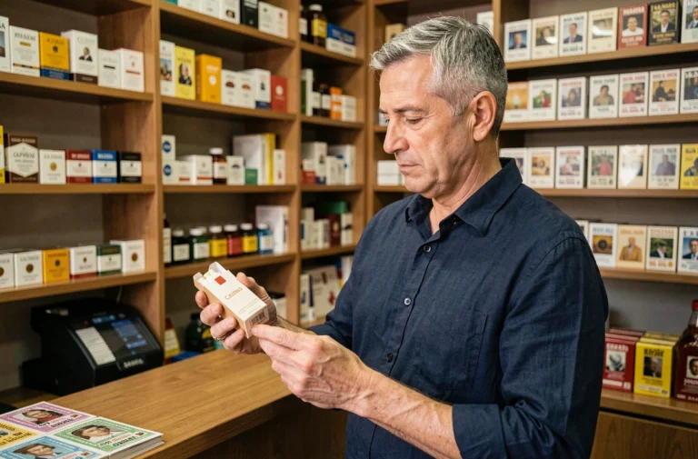 Homme achetant une cartouche de cigarettes dans un bureau de tabac espagnol (estanco)