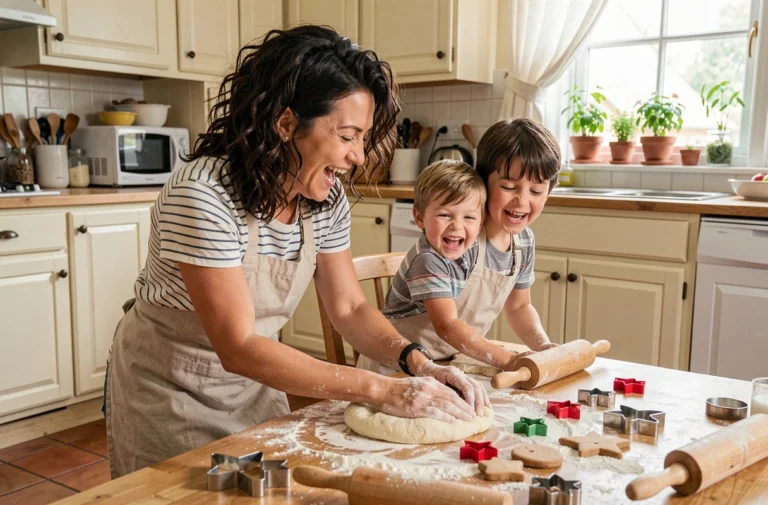 Mère et deux enfants faisant de la pâtisserie ensemble dans une cuisine familiale chaleureuse, activité ludique et éducative en famille