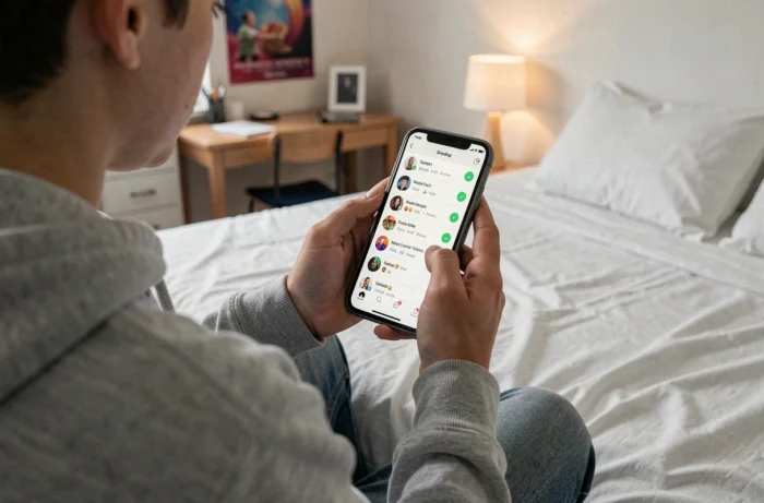 Vue par-dessus l'épaule d'un adolescent consultant la liste d'amis Snapchat avec les points verts de présence active