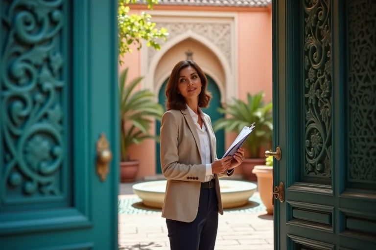 Agente immobilière présentant un riad traditionnel à Marrakech avec portes en cèdre sculptées et carrelage zellige