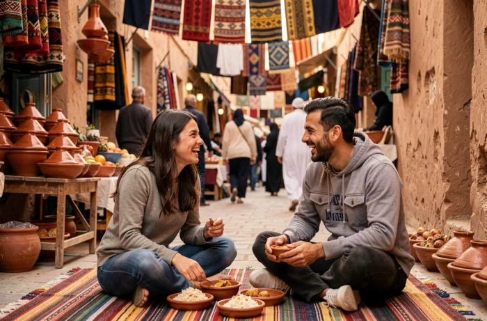 Deux amis voyageurs partageant un repas de rue dans un marché animé d'une médina nord-africaine