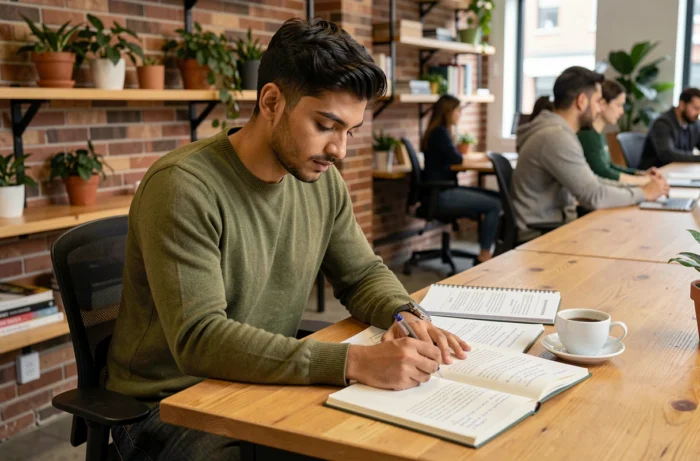 Jeune professionnel analysant des directives éthiques en marketing dans un espace de coworking contemporain