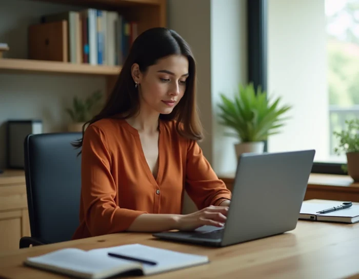 Femme analysant ses revenus Citygo sur ordinateur portable dans un bureau à domicile pour maximiser ses gains de covoiturage