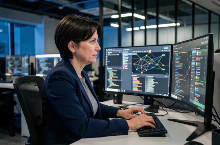 Analyste en cybersécurité travaillant sur plusieurs écrans dans un centre d'opérations de sécurité moderne