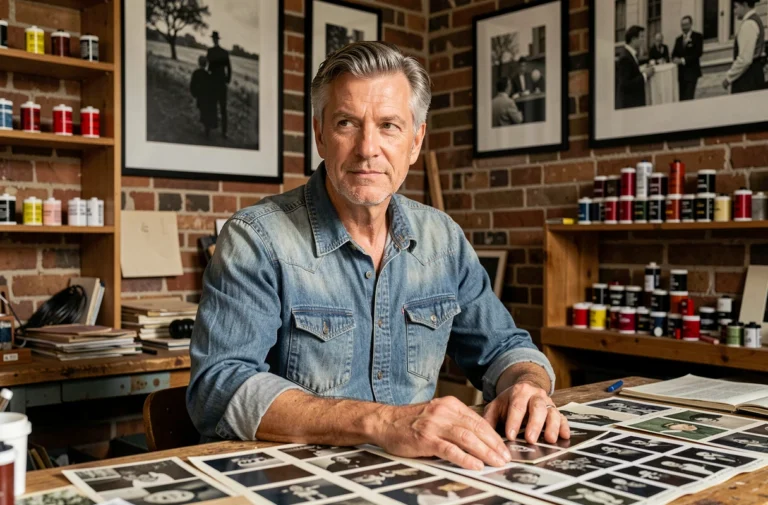 Ancien photographe assis dans son studio personnel entouré de tirages et de pellicules, regardant ses archives avec nostalgie
