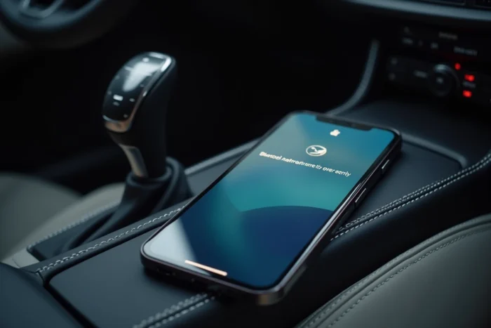 Écran de smartphone affichant la confirmation d'appairage Bluetooth posé sur la console centrale d'une Citroën C3