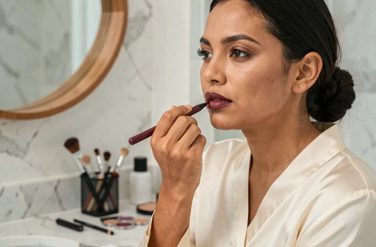 Femme appliquant un crayon à lèvres bordeaux pour définir le contour avant le rouge à lèvres