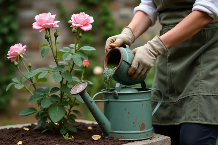 Femme versant du purin d'ortie dilué dans un arrosoir métallique près d'un rosier en fleurs dans un jardin rustique