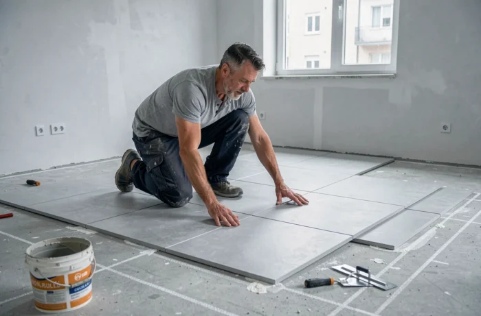Artisan posant des carreaux de sol en céramique lors d'une rénovation intérieure dans une pièce vide