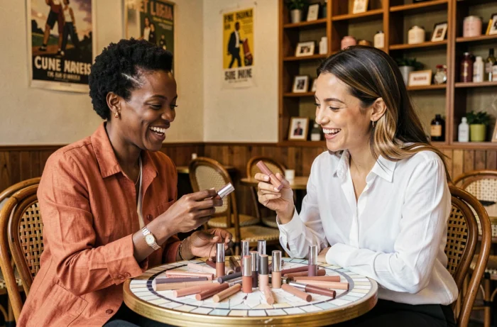 Deux femmes comparant des associations de rouge à lèvres et crayons assortis autour d'une table de café