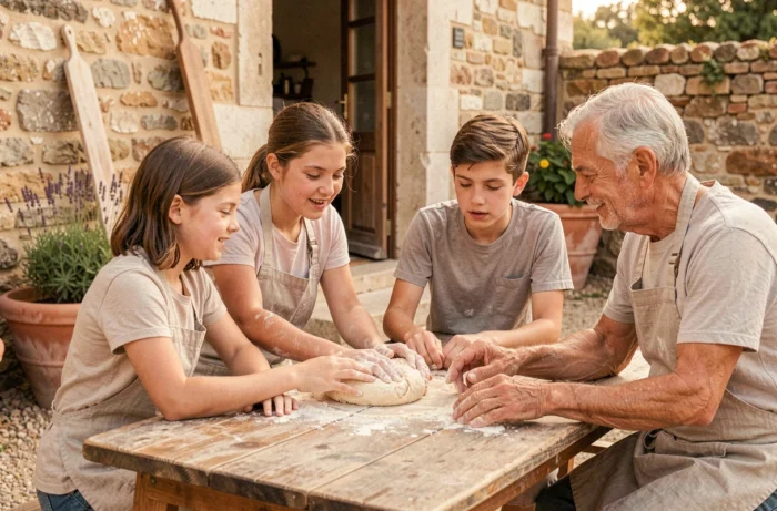 Mère et adolescents participant à un atelier de boulangerie artisanale en Provence pendant un voyage en famille