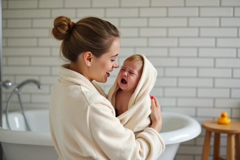 Maman enveloppant son bébé en pleurs dans une serviette de bain douce après le bain dans une salle de bain familiale chaleureuse