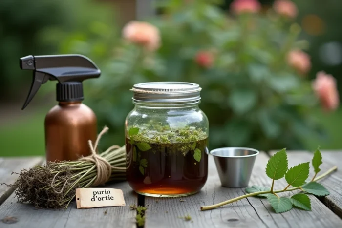 Bocal en verre de purin d'ortie fermenté avec orties séchées et pulvérisateur de jardin sur une table en bois rustique