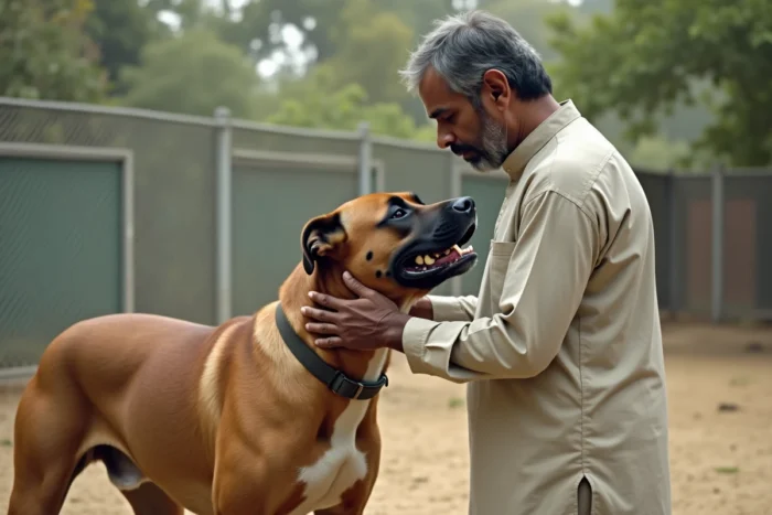 Éleveur examinant un Bully Kutta mâle dans un chenil extérieur, illustration des soins et de l'élevage