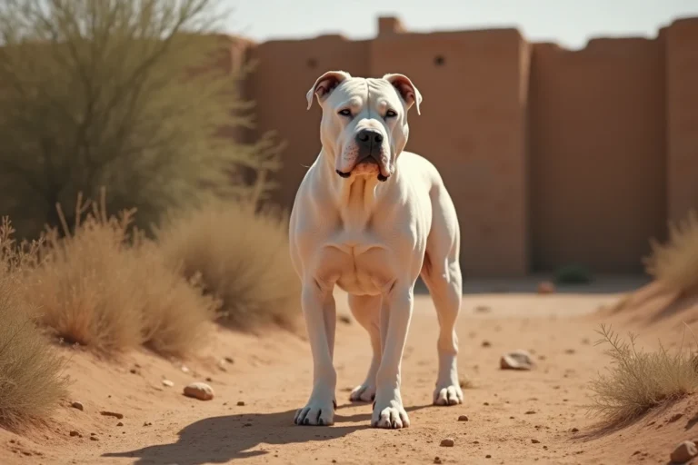 Bully Kutta adulte au pelage blanc musclé debout dans un paysage semi-aride avec mur en terre battue