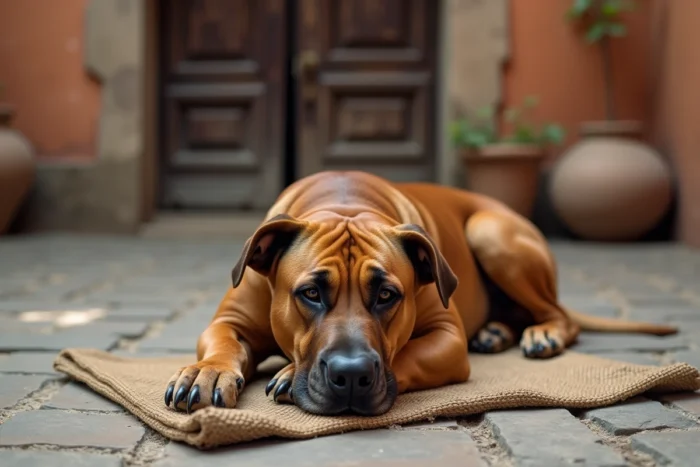 Bully Kutta au repos sur natte en jute dans une cour rustique d'Asie du Sud, portrait éditorial