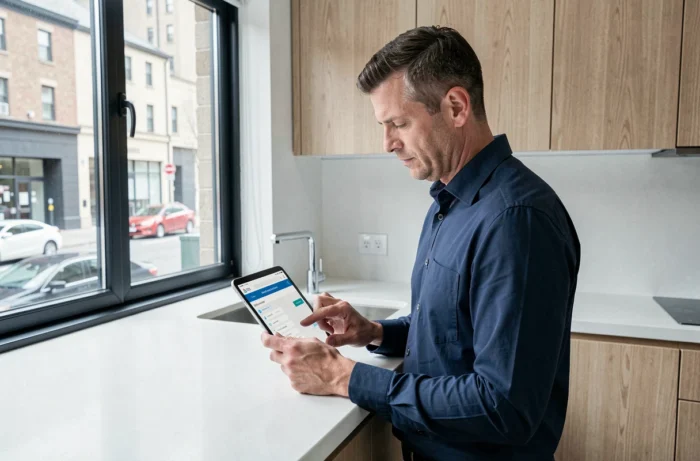 Homme consultant un portail administratif en ligne sur tablette pour obtenir sa carte grise