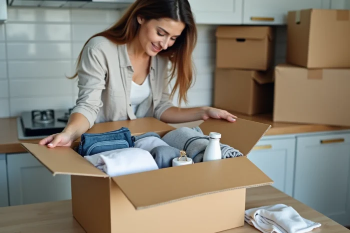 Femme préparant un carton de survie avec les essentiels pour les premières heures après le déménagement