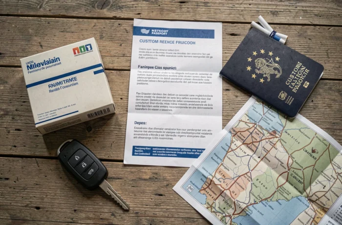 Pacchetti di sigarette, passaporto e regolamentazione doganale francese su un tavolo di legno