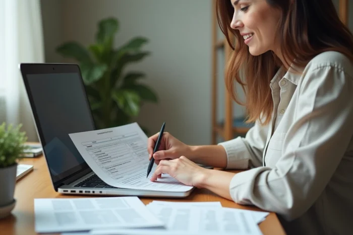Femme effectuant ses changements d'adresse et résiliations de services en ligne depuis son bureau à domicile