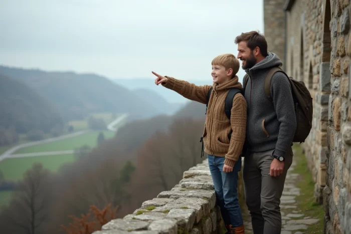 Père et fils explorant les remparts médiévaux du château de La Petite Pierre en Alsace