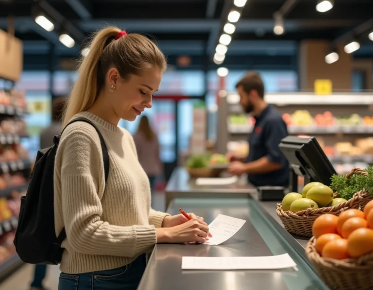 Femme signant un chèque différé à la caisse d'un supermarché Cora