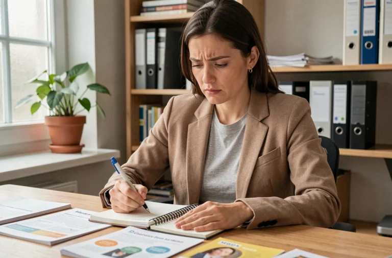 Femme en train de comparer des formations professionnelles à son bureau à domicile