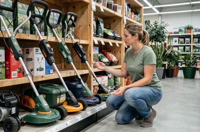 Femme comparant différents modèles de taille-bordures dans un magasin de jardinage pour faire le meilleur choix