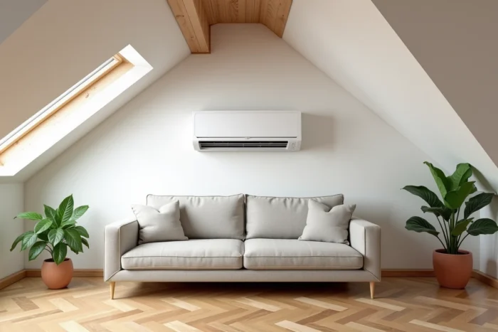 Climatisation réversible murale installée dans un salon sous les combles d'un appartement dernier étage avec poutres apparentes