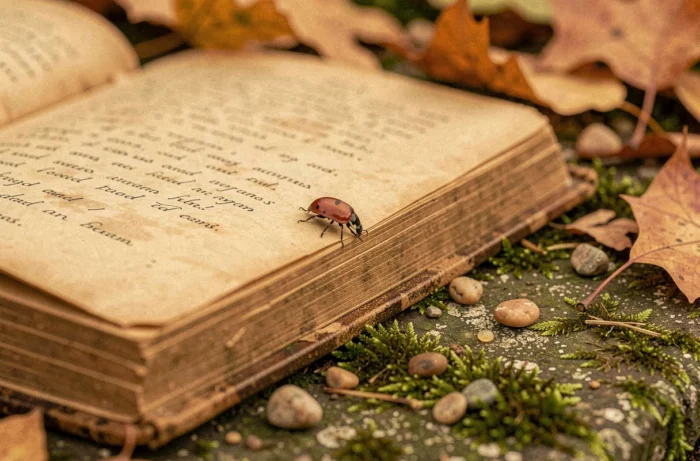 Coccinelle asiatique sur un vieux livre ouvert entouré de feuilles d'automne et de mousse, évoquant les mystères spirituels