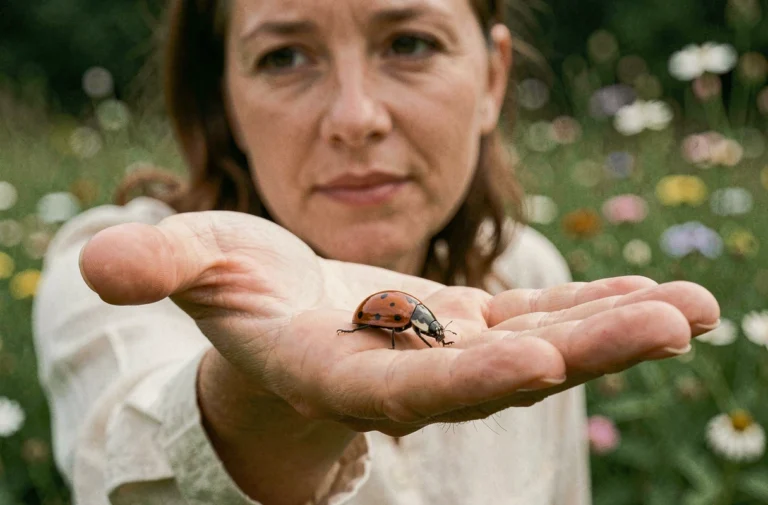 Coccinelle asiatique posée sur la paume d'une femme dans un jardin naturel, symbolisant la spiritualité et la chance