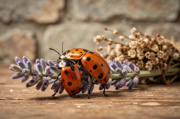 Groupe de coccinelles asiatiques sur une tige de lavande séchée dans un décor rustique intérieur aux symboles mystiques