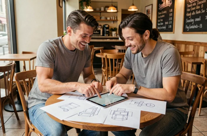 Due persone collaborando sulla progettazione di un sito web attorno a un tavolo da caffè con modelli stampati e un tablet