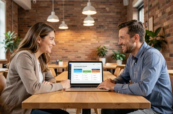 Deux collègues discutant d'un comparatif entre certification et diplôme professionnel sur un ordinateur portable dans un espace de coworking moderne