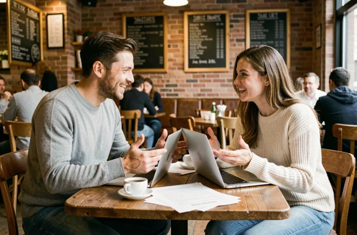Twee jonge volwassenen die beroepsopleidingen vergelijken in een stedelijk café