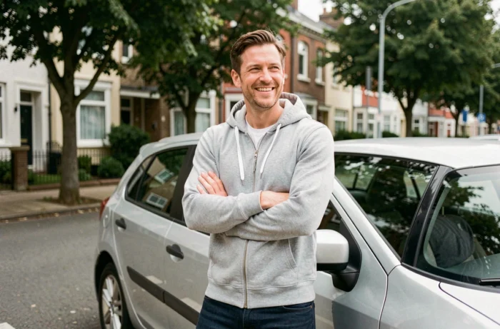Conducteur Citygo souriant près de sa voiture dans un quartier résidentiel illustrant la rentabilité du covoiturage