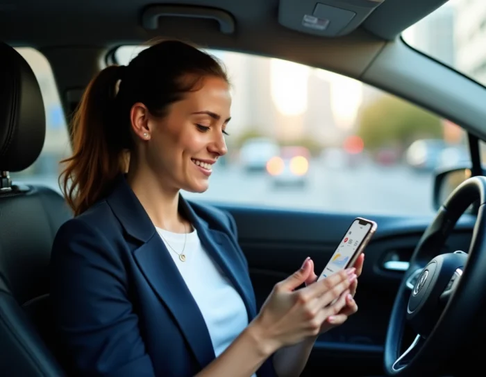Conductrice Citygo consultant ses gains sur smartphone dans son véhicule pour optimiser ses revenus de covoiturage