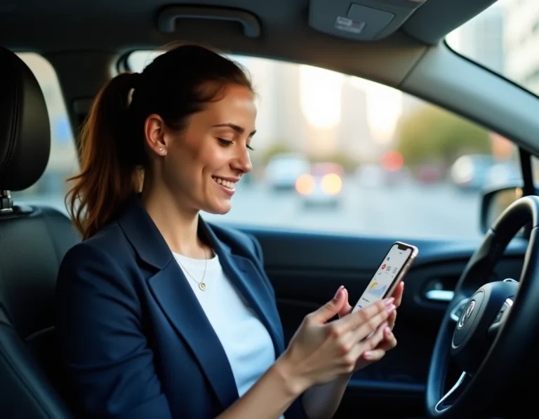 Conductrice Citygo consultant ses gains sur smartphone dans son véhicule pour optimiser ses revenus de covoiturage