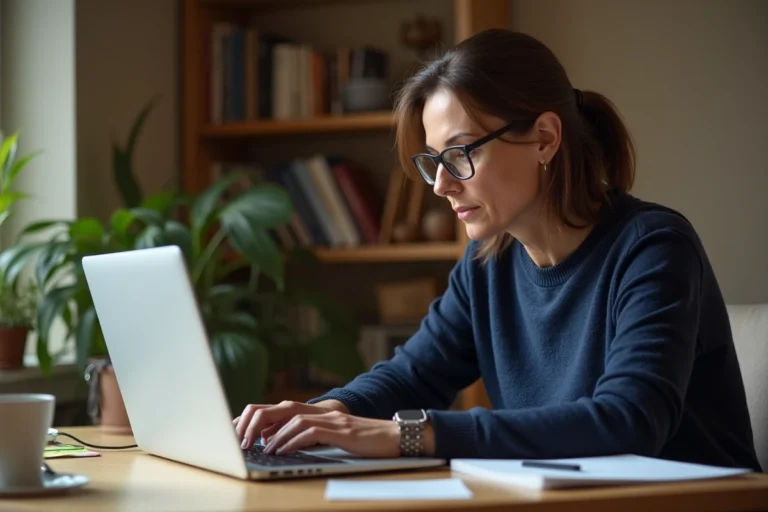 Femme configurant sa boîte mail sur un ordinateur portable dans un bureau à domicile