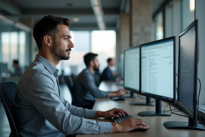 Homme professionnel configurant un compte email Akeonet sur un poste de travail avec deux écrans