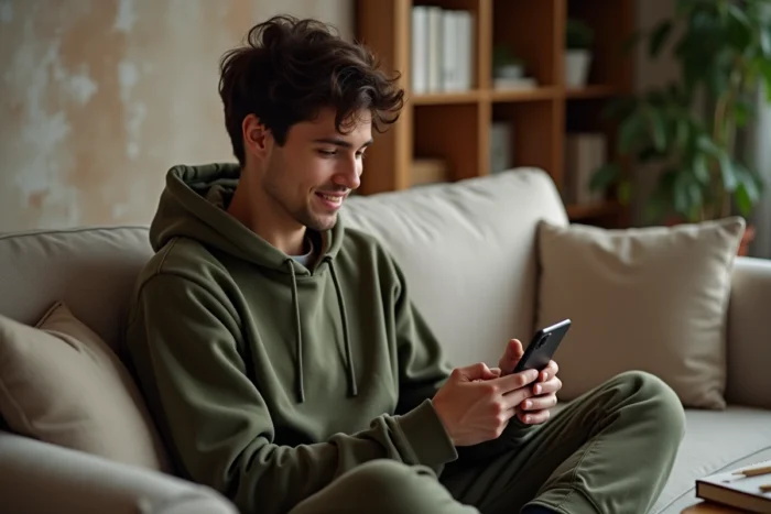 Jeune adulte configurant sa messagerie Akeonet sur smartphone depuis son salon