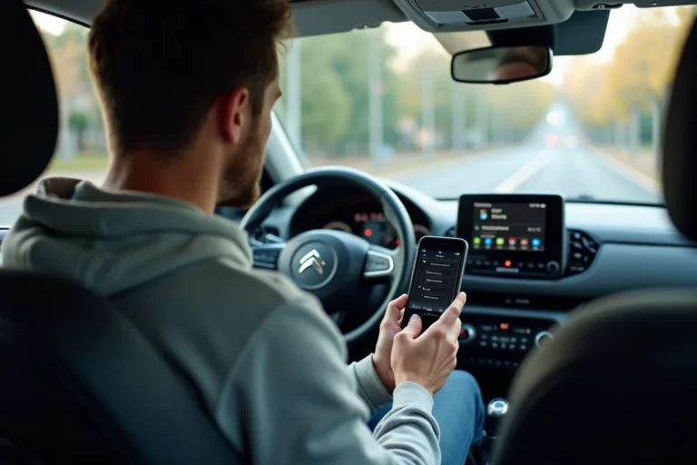 Homme connectant son téléphone en Bluetooth sur l'écran tactile d'une Citroën C3 depuis le siège conducteur