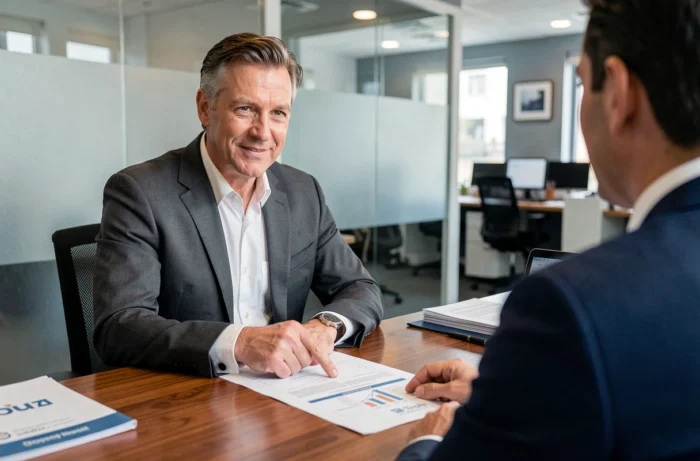 Conseiller bancaire professionnel présentant un plan de crédit à un client en agence