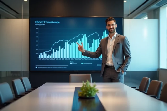 Conseiller financier présentant les performances des ETF ESG sur un écran interactif en salle de conférence