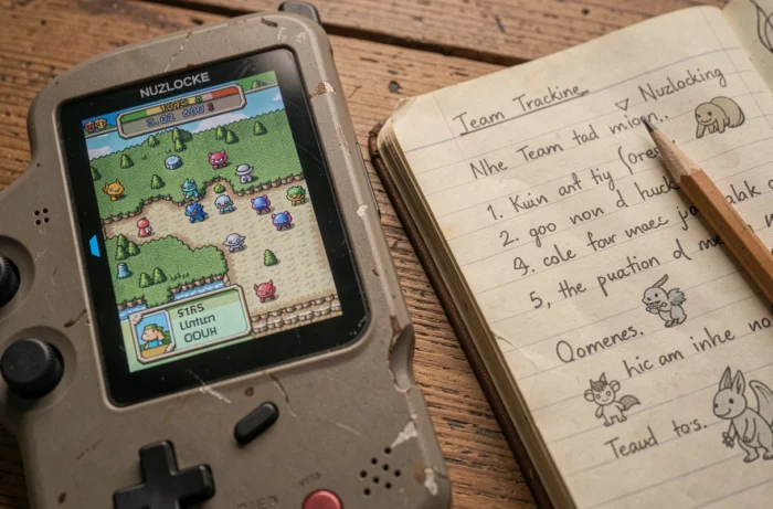 Draagbare console met Nuzlocke Pokémon ROM die een pixel art kaart weergeeft, vergezeld van een handgeschreven volgnotitie