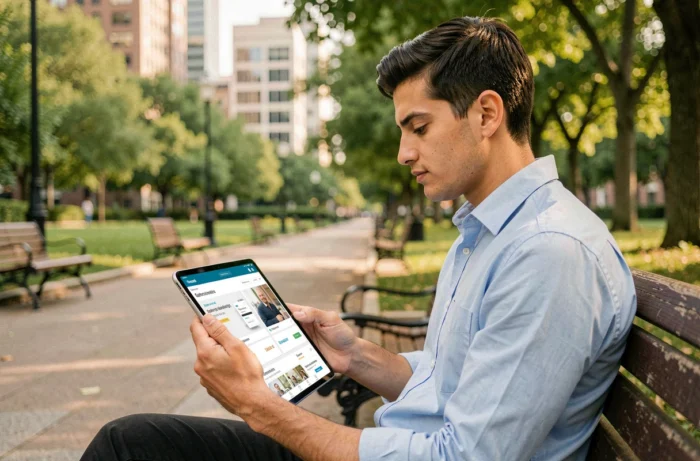 Jeune professionnel consultant les outils marketing d'une plateforme d'emploi sur tablette en extérieur