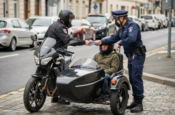 Contrôle de police d'un side-car avec passager unique en milieu urbain français