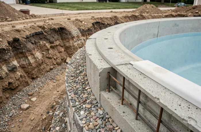 Querschnitt eines Betonrings um ein Fertigschwimmbecken, der die Dimensionen und die Bewehrung zeigt