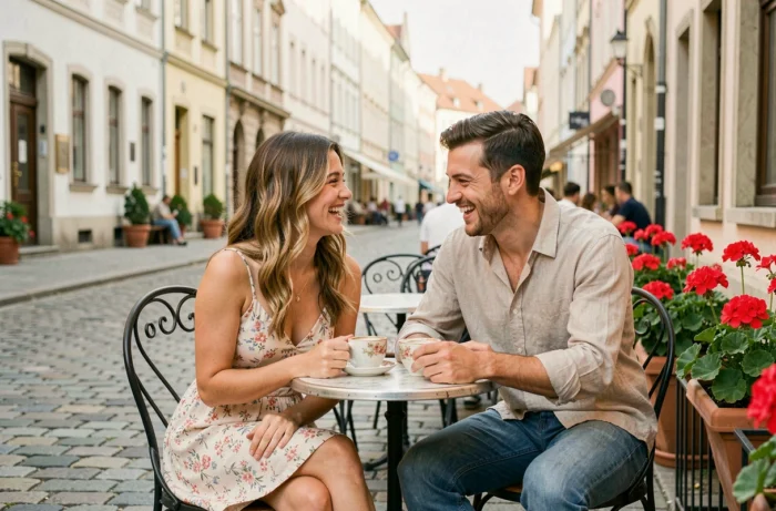 Jeune couple décontracté riant ensemble en terrasse de café avant le mariage, dans une atmosphère estivale et complice